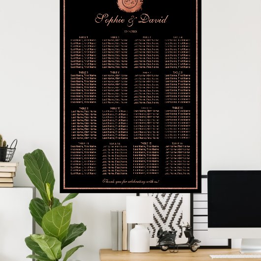 ロマンチックなバラ金ゴールド結婚モノグラムの座席表 ポスター (ホームオフィス)