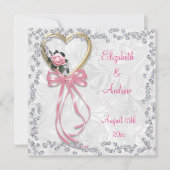 ロマンチックなバラ、ダイヤモンド結婚&リボン 招待状 (正面)