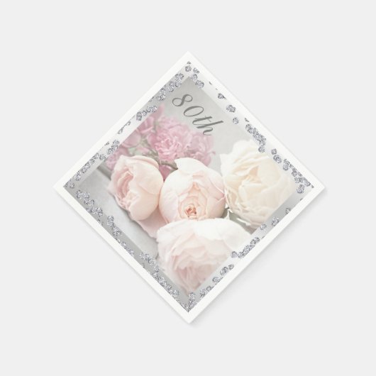ロマンチックなバラ&ダイヤモンド80th誕生日Serviettes スタンダードカクテルナプキン (角)