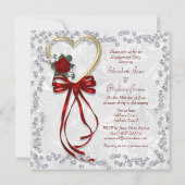 ロマンチックなバラ、ダイヤモンド&レッドリボン婚約 招待状 (裏面)