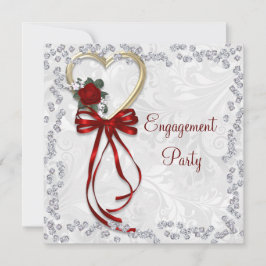 ロマンチックなバラ、ダイヤモンド&レッドリボン婚約 招待状