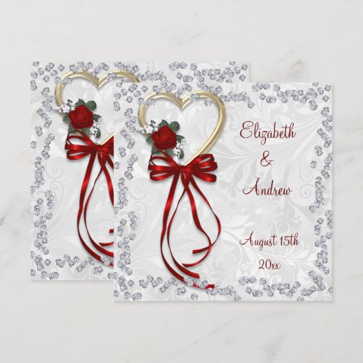 ロマンチックなバラ、ダイヤモンド&レッドリ結婚ボン 招待状 (正面/裏面)