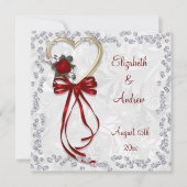 ロマンチックなバラ、ダイヤモンド&レッドリ結婚ボン 招待状 (正面)