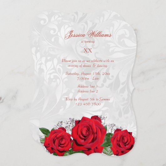 ロマンチックなバラ&ダマスク誕生日パーティー 招待状 (正面/裏面)