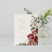 ロマンチックなバラ&ユーカリ日付を保存 箔招待状ポストカード (立ち正面)