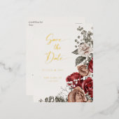 ロマンチックなバラ&ユーカリ日付を保存 箔招待状ポストカード (正面/裏面)