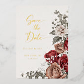 ロマンチックなバラ&ユーカリ日付を保存 箔招待状 (正面)