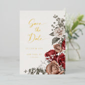 ロマンチックなバラ&ユーカリ日付を保存 箔招待状 (立ち正面)