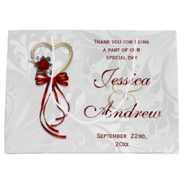 ロマンチックなバラ、金ゴールドハート&レッドリボン ラージペーパーバッグ