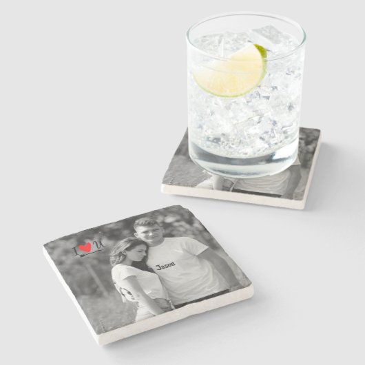 ロマンチックなバレンタインのカップル写真I赤いハートU名 ストーンコースター (横)