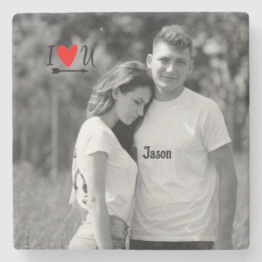 ロマンチックなバレンタインのカップル写真I赤いハートU名 ストーンコースター (正面)