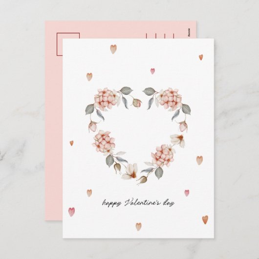 ロマンチックなバレンタインデーのカードとフローラハート シーズンポストカード (正面/裏面)