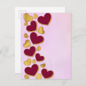 ロマンチックなバレンタインデー | ブルゴーニュと金ゴールドハート インビテーションポストカード (正面/裏面)