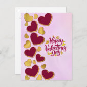 ロマンチックなバレンタインデー | ブルゴーニュと金ゴールドハート インビテーションポストカード (正面/裏面)