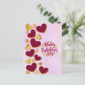 ロマンチックなバレンタインデー | ブルゴーニュと金ゴールドハート インビテーションポストカード (スタンド正面)