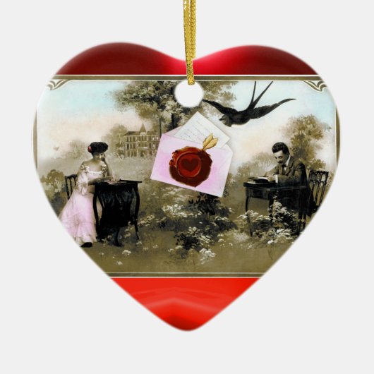 ロマンチックなバレンタインデー，赤ワックスシールモノグラム セラミックオーナメント (正面)