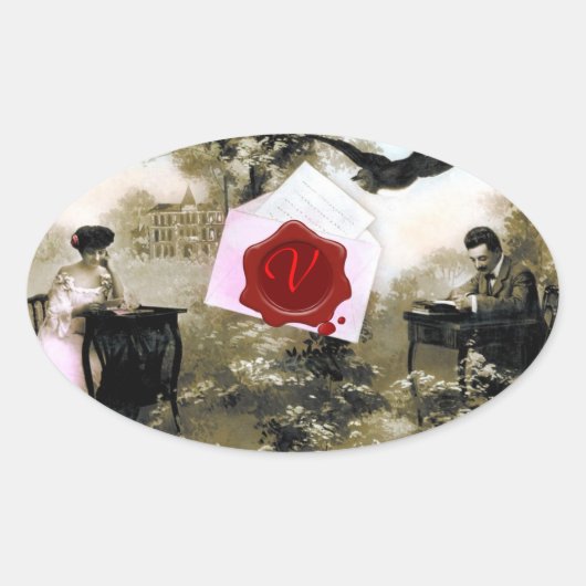 ロマンチックなバレンタインデー，赤ワックスシールモノグラム 楕円形シール (正面)