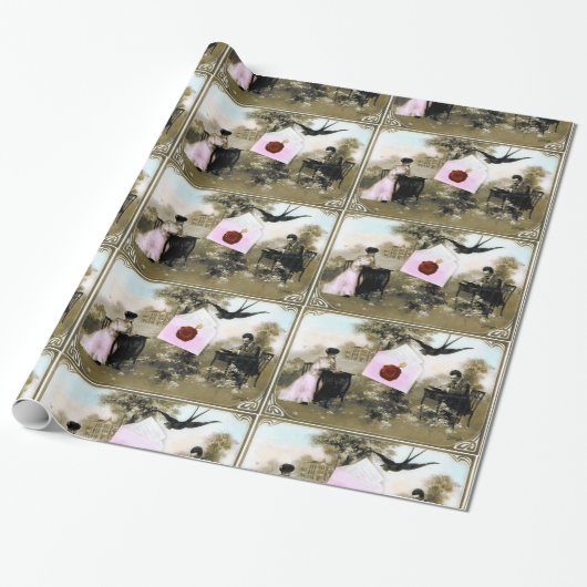 ロマンチックなバレンタイン文字、赤ワックスシールとハート ラッピングペーパー (アンロールド)