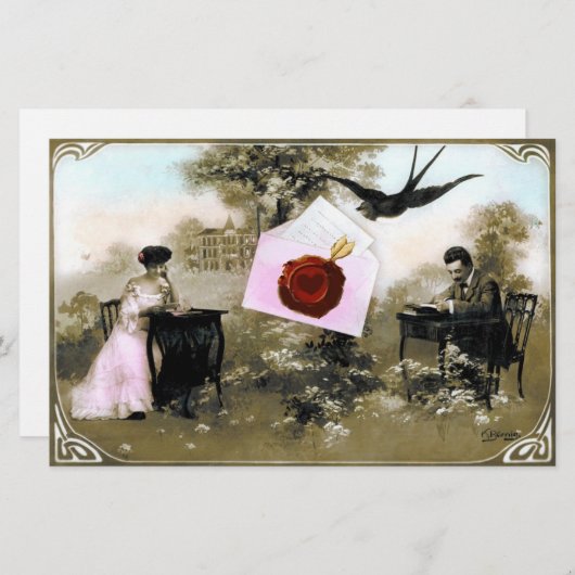 ロマンチックなバレンタイン文字、赤ワックスシールとハート 便箋 (正面/裏面)