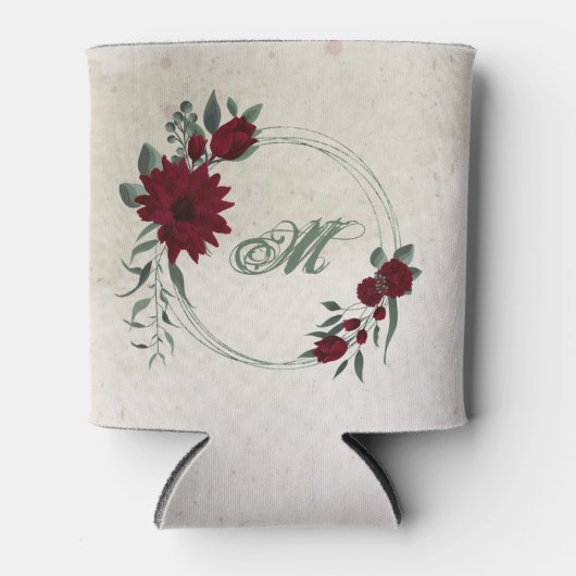 ロマンチックなバーガンディの花と緑の葉のウェディング 缶クーラー (正面)