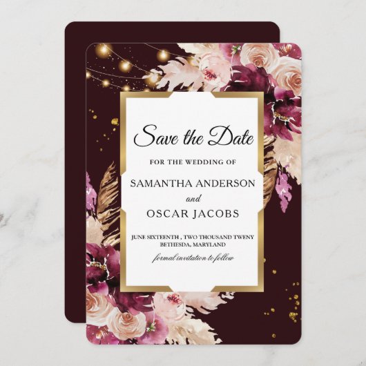 ロマンチックなバーガンディーとブッシュピンクの花 セーブザデート (正面/裏面)