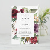 ロマンチックなバーガンディープラムとグリーンの花の結婚式 招待状 (スタンド正面)