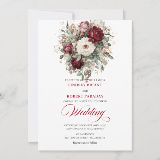 ロマンチックなバーガンディー ホワイト フラワール ゴールド ウェディング 招待状 (正面)