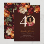 ロマンチックなバーガンディ フローラル フォト 40歳の誕生日 招待状 (正面/裏面)