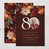 ロマンチックなバーガンディ フローラル フォト 80歳の誕生日 招待状 (正面/裏面)