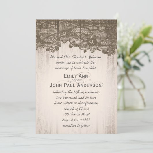 ロマンチックなバーンウッドアンドレースエレガントな結婚式 招待状 (スタンド正面)