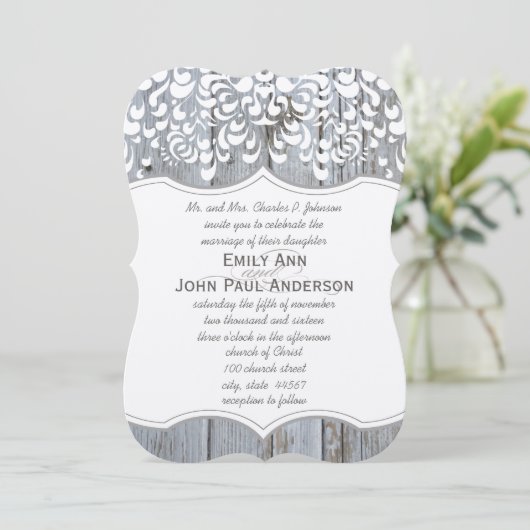 ロマンチックなバーンウッドアンドレースエレガントな結婚式 招待状 (スタンド正面)