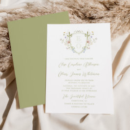 ロマンチックなパステルカラーのワイルドフラワーモノグラムクレストウェディング 招待状