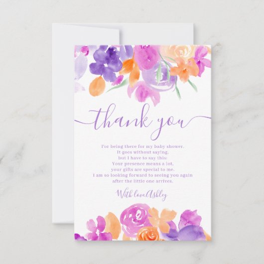 ロマンチックなパステルパープルオレンジのフローラ赤ちゃんシャワー サンキューカード (正面)