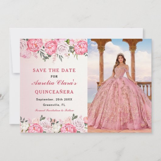 ロマンチックなパステルローズの花のスイート16写真 セーブザデート (正面)