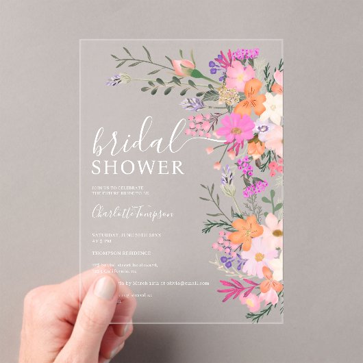 ロマンチックなパステルワイルドフラワーズ春ブライダルシャワー アクリル招待状 (インサイチュ (ポータブル))