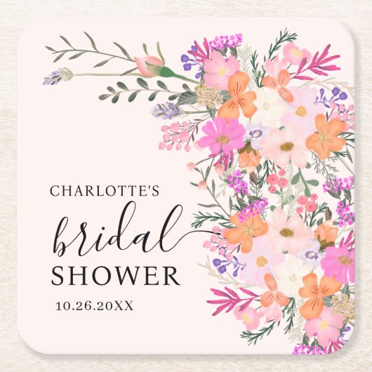 ロマンチックなパステルワイルドフラワーズ春ブライダルシャワー スクエアペーパーコースター (正面)