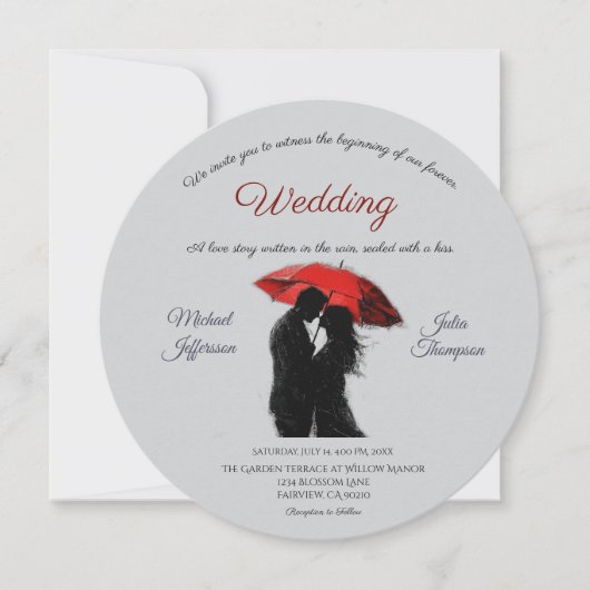 ロマンチックなパリの赤い傘ラブシルエット 招待状 (正面)