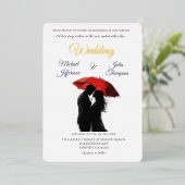 ロマンチックなパリの赤い傘ラブシルエット 箔招待状 (立ち正面)