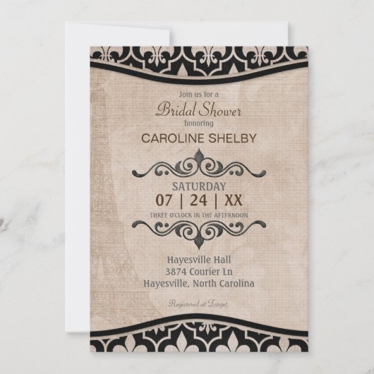 ロマンチックなパリスタイルの洗練された ブライダルシャワーの招待状 招待状 (正面)