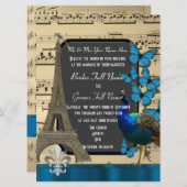 ロマンチックなパリ、孔雀と蝶のウェディング 招待状 (正面/裏面)