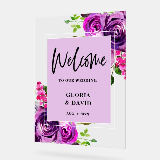 ロマンチックなパープル結婚フローラのウェルカムフォームボード アクリルサイン (傾斜)