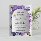 ロマンチックなパープル結婚フローラのカード 箔招待状 (立ち正面)