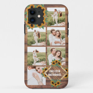 ロマンチックなヒマワリ金ゴールドホワイトカップル写真コラージュ iPhone 11 ケース