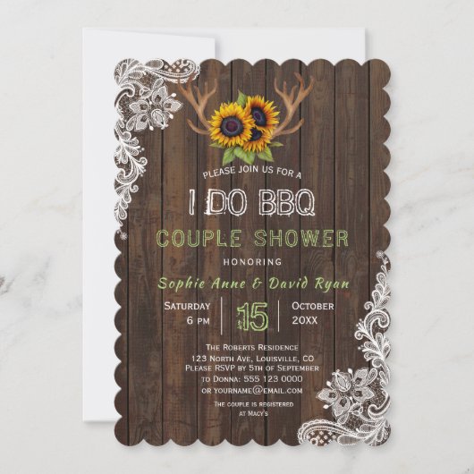 ロマンチックなヒマワリ〔雄ジカの〕枝角BBQカップルのシャワー 招待状 (正面)