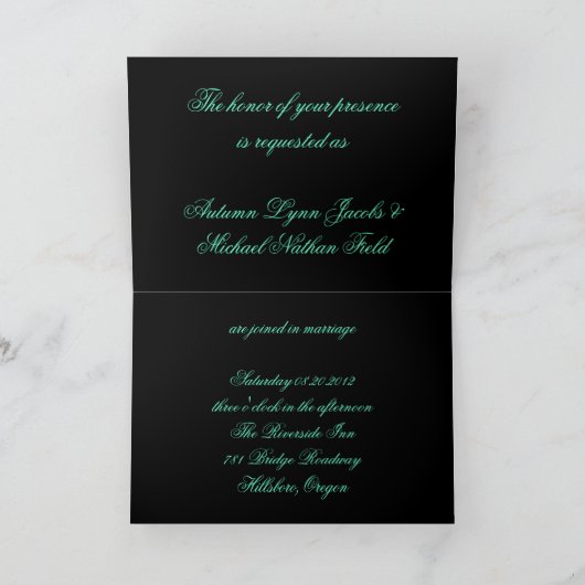 ロマンチックなビンテージターコイズテールピーコックウェディング 招待状 (内部)