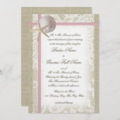 ロマンチックなビーチとレース結婚ピンク 招待状 (正面/裏面)