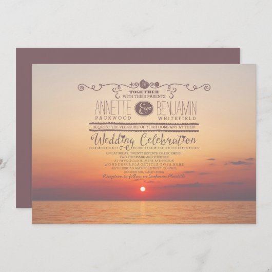 ロマンチックなビーチの日没の海の結婚式招待状 招待状 (正面/裏面)