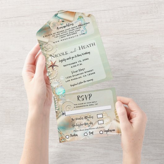 ロマンチックなビーチスターフィッシュ&パールエレガントな結婚式 オールインワン招待状 (貼ってはがせる)