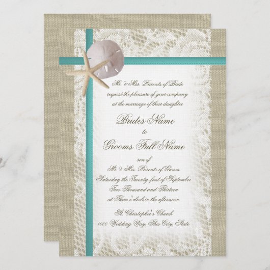 ロマンチックなビーチバーラップアンドレースアクア 招待状 (正面/裏面)