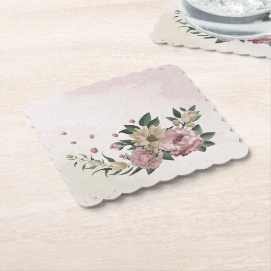 ロマンチックなピンクとシャンパンの花 ペーパーコースター (アングル)